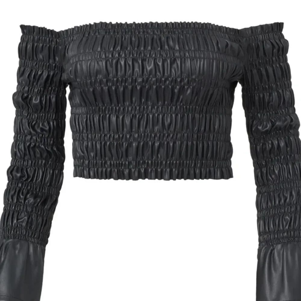 Venus Faux Leather Smocked Off-The-Shoulder Crop Top Size Small